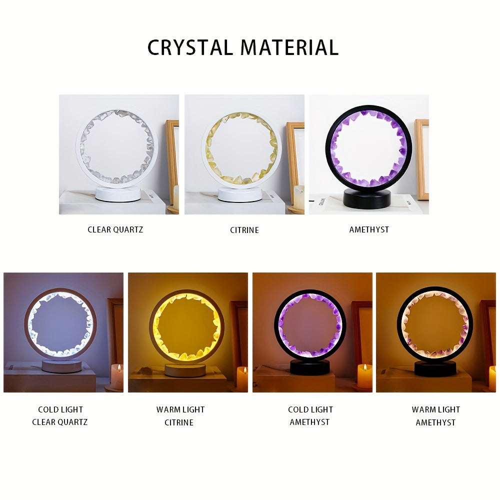 1pc, Rechargeable LED Bedside Lamp with Natural Quartz Amethyst Cluster - Soothing Night Light for Bedroom and Desk - Decorative Circle Lights
