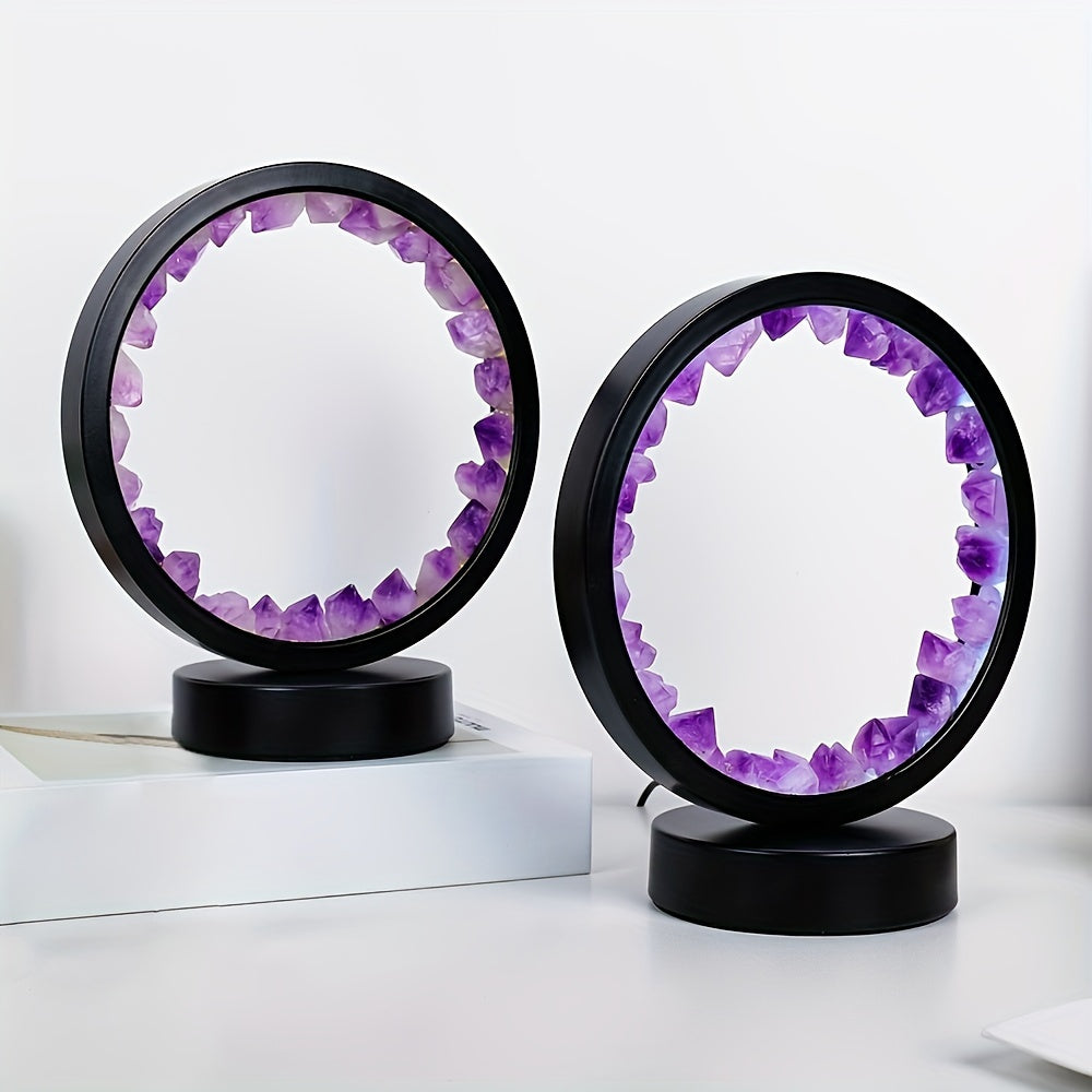 1pc, Rechargeable LED Bedside Lamp with Natural Quartz Amethyst Cluster - Soothing Night Light for Bedroom and Desk - Decorative Circle Lights